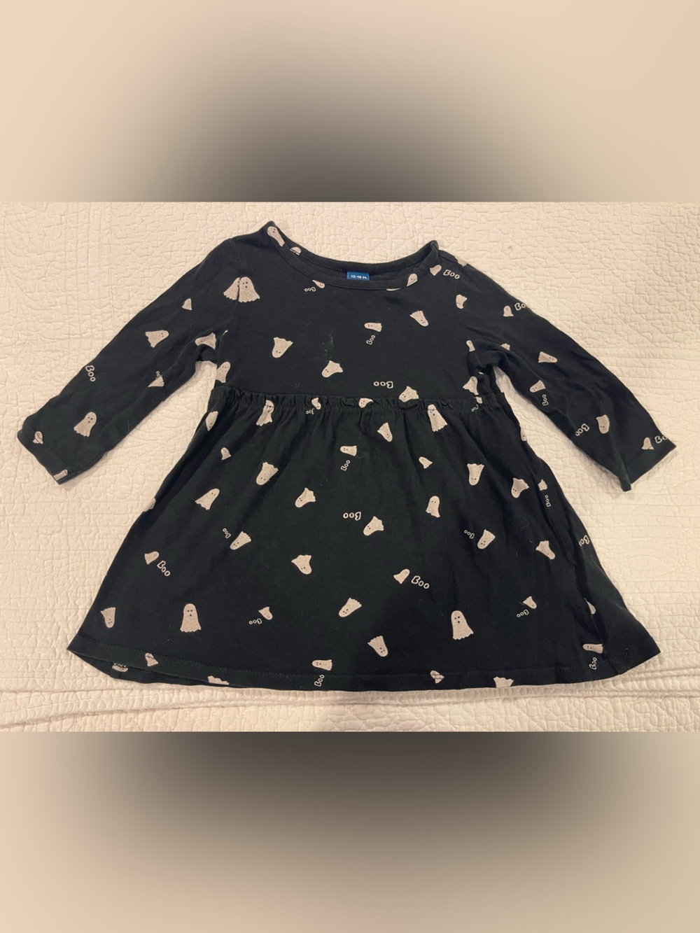 Old Navy Halloween Black Long-Sleeve Dress White Ghosts 12-18 Months 100% Cotton